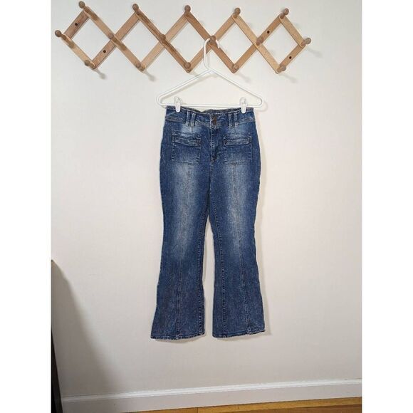 Good Hart Faded Denim High Rise Flare Leg Patch Pocket Jeans - Size 8 - Picture 1 of 10